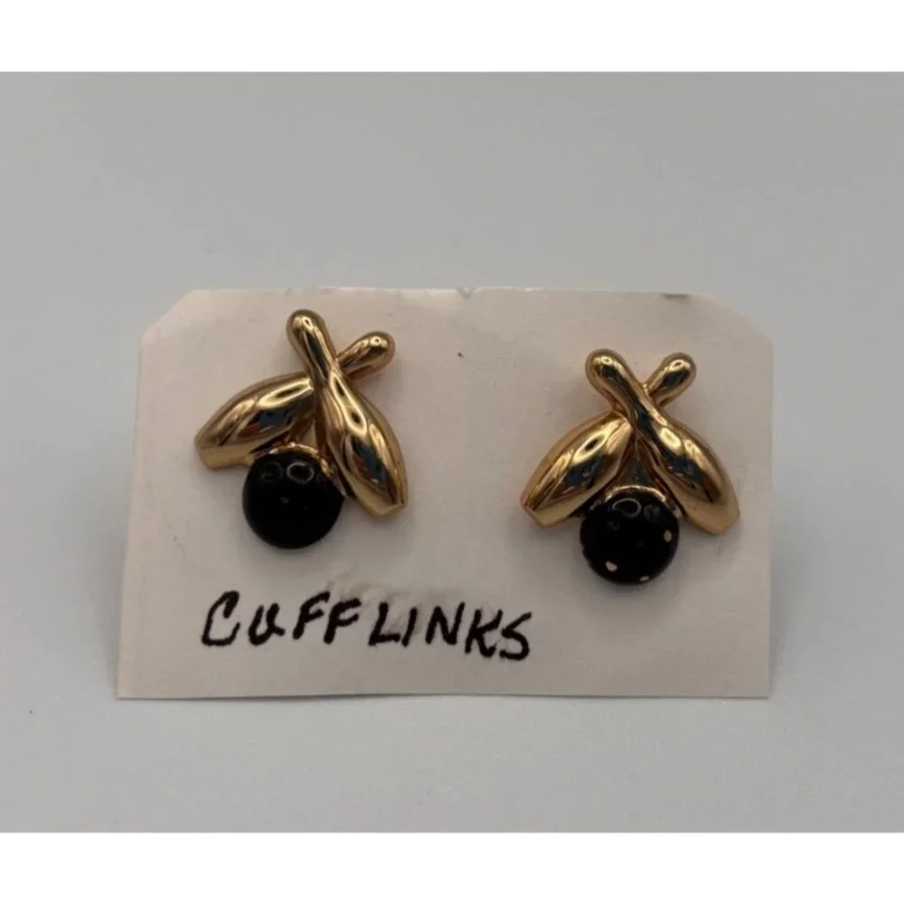 Bowling Ball and Pins Vintage Men's Jewelry Cufflinks Black Gold Tone
